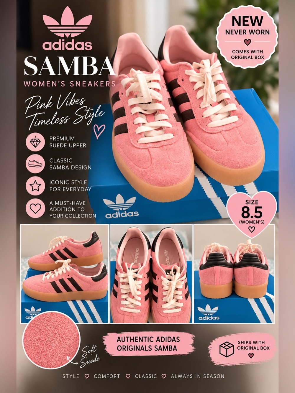 adidas Samba Women's Sneakers - Pink with Black Stripes